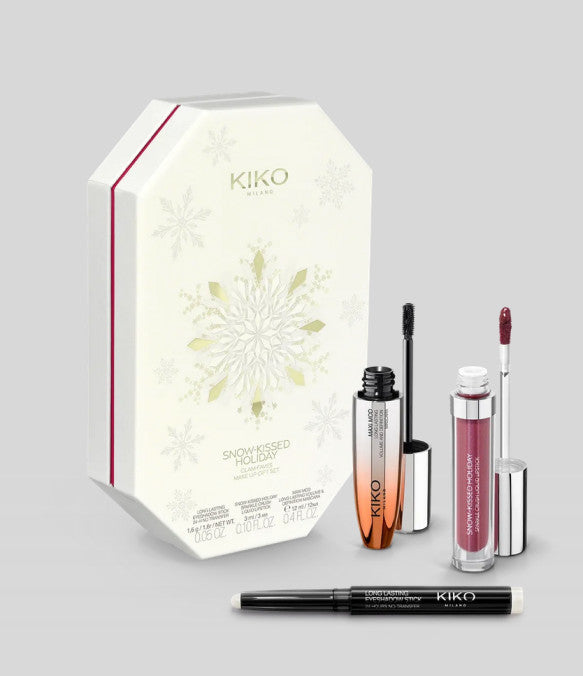 Kiko Milano Snow-Kissed Holiday makiažo dovanų rinkinys: apimties suteikiantis tušas, matiniai arba žvilgantys lūpų dažai ir akių šešėlių pieštukas