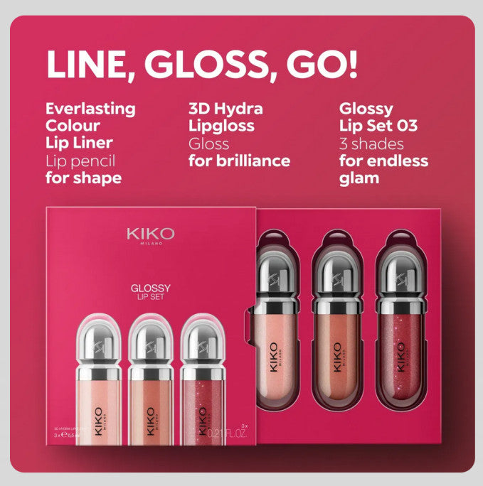 Kiko Milano lūpų blizgių rinkinys: 3 drėkinamieji lūpų blizgesiai su apimties suteikiančiu 3D efektu