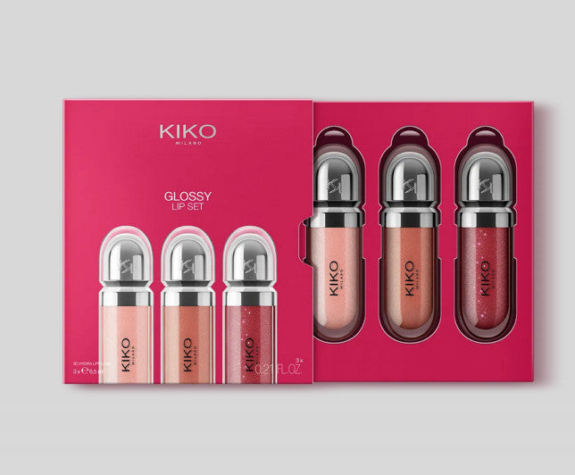 Kiko Milano lūpų blizgių rinkinys: 3 drėkinamieji lūpų blizgesiai su apimties suteikiančiu 3D efektu