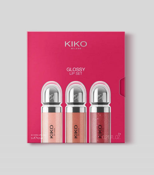 Kiko Milano lūpų blizgių rinkinys: 3 drėkinamieji lūpų blizgesiai su apimties suteikiančiu 3D efektu