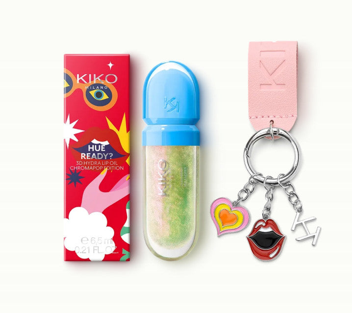 Kiko Milano 3D drėkinantis lūpų aliejus išliekantis iki 10 val. su išskirtiniu raktų pakabuku „Hue Ready?“, atspalvis 03