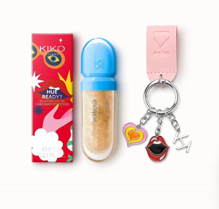 Kiko Milano 3D drėkinantis lūpų aliejus išliekantis iki 10 val. su išskirtiniu raktų pakabuku „Hue Ready?“, atspalvis 04