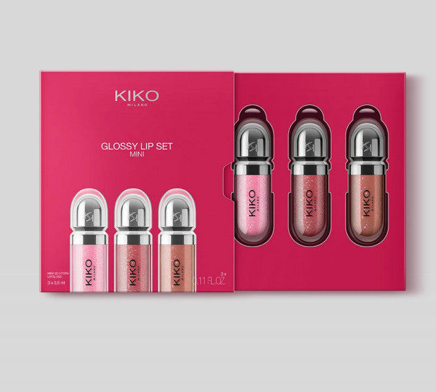 Kiko Milano mini lūpų blizgių rinkinys: 3 drėkinamieji lūpų blizgesiai su apimties suteikiančiu 3D efektu