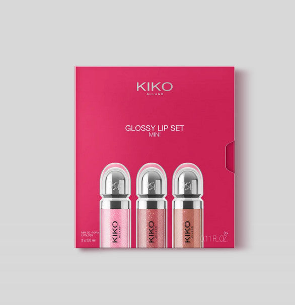 Kiko Milano mini lūpų blizgių rinkinys: 3 drėkinamieji lūpų blizgesiai su apimties suteikiančiu 3D efektu